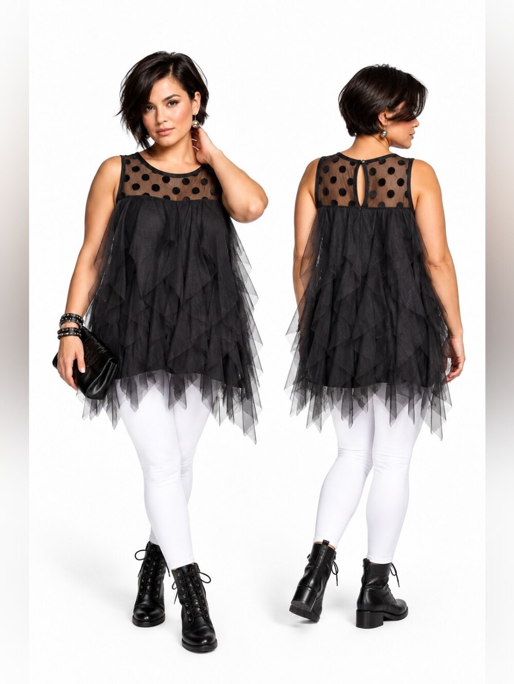 NWT Ashley Stewart Black Polka Dot Tulle Layered Ruffle Mesh Top Size 18/20